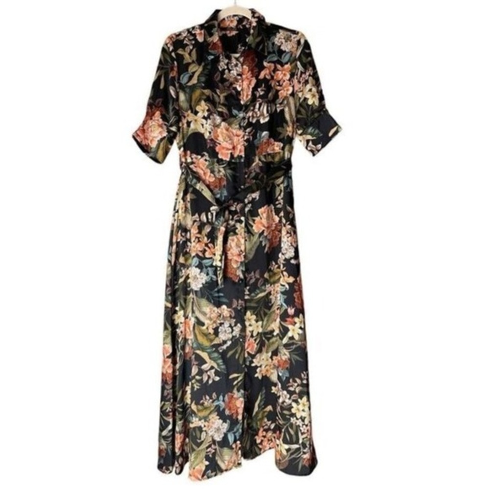 T3 Try Me Floral Shirt Dress Tropical Print Maxi‎ A-Line Boho Button Front